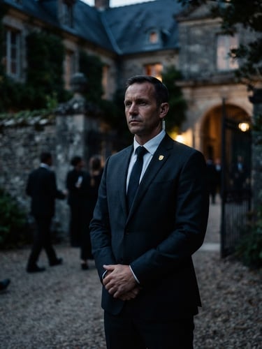 Cinematic low-key photograph of an impeccably dressed close protection officer in a tailored dark suit, gold lapel pin, standing discreetly in a dimly lit luxury estate courtyard at dusk.