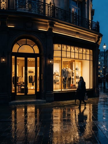 Cinematic wide-angle architectural shot of a luxury boutique storefront at dusk in Mayfair, warm golden light spilling onto wet pavement, low-key dramatic lighting, 35mm lens