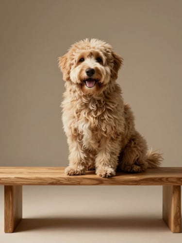 A happy, fluffy dog sitting on a beautiful minimalist wooden bench in a professional pet photography studio, warm soft lighting, clean background.