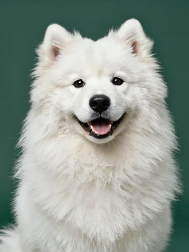 A fluffy, perfectly groomed white Samoyed dog smiling at eye level, soft studio light highlighting its clean coat, deep green background