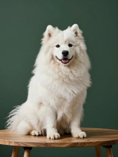 A fluffy Samoyed dog sitting proudly on a minimalist wooden grooming table, soft natural side lighting, deep green elegant studio background