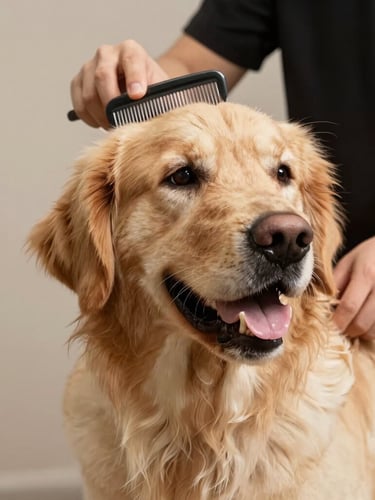 Close-up of a professional groomer gently combing a happy Golden Retriever's clean, shiny coat, soft warm studio lighting, clean background