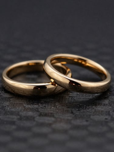 Pristine finished champagne gold rings on a dark textured carbon surface, dramatic high-contrast studio lighting, sharp metallic reflections, 85mm lens