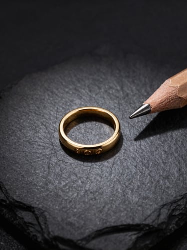 Extreme close-up overhead flat-lay of a technical pencil jewelry sketch next to a finished champagne gold ring on a dark textured slate surface, dramatic side-lighting, 85mm lens