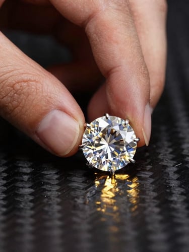 Extreme close-up macro photography of a master setter placing a moissanite stone into a multi-prong setting under sharp studio spotlights, dark carbon background, metallic gold reflections