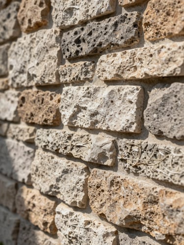 Extreme close-up macro shot of a completed stone veneer wall in afternoon Florida daylight, individual stone faces showing mortar joint depth and natural variation in color, sharp raking light from the right revealing surface texture and dimensional relief, no people, no signage