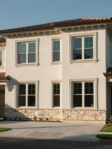Wide environmental shot of a completed luxury residential facade in Florida afternoon daylight — smooth stucco finish with architectural foam trim profiles framing large windows, stone veneer accent band at base, sharp shadow lines revealing depth and texture, no people in frame