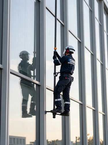 A technician in clean branded gear operating an advanced carbon-fiber water-fed pole system against a large architectural glass window, crisp morning light