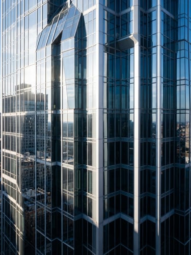 Sharp architectural photography of bright morning sunlight reflecting off clean skyscraper glass, high-contrast shadows, 35mm lens