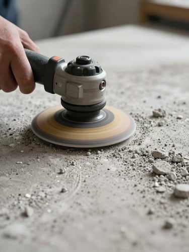 Macro shot of concrete surface preparation, technical grinding tool exposing clean aggregate, dust-free environment