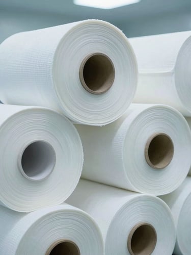 Macro architectural shot of tightly woven clinical white fabric rolls stacked in a sterile, bright warehouse environment with cool blue lighting.