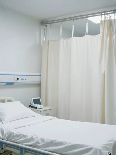 Straight-on architectural shot of a sterile, modern hospital ward, fitted with crisp white linens and privacy curtains under bright, clinical light.