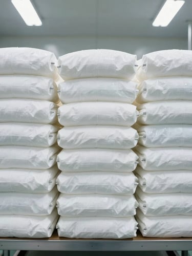 Straight-on architectural view of neatly stacked bolts of sterile white clinical fabric inside a brightly lit, clean manufacturing facility, high-precision industrial lighting.