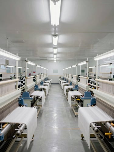 Straight-on architectural shot of a sterile, brightly lit textile manufacturing floor in Vijayawada, showing neat rows of high-speed weaving looms under clean white light.