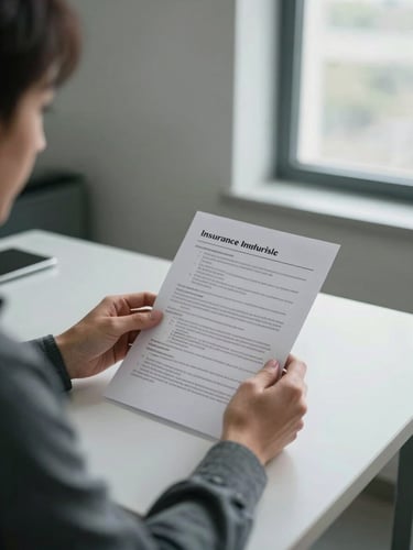 Medium shot from the left side of a clinic consultation desk, a person in business casual seated and carefully reading a printed insurance policy document, natural diffused daylight from a window to the right, papers and a pen on the desk, cool shadowless indoor light, no eye contact with camera