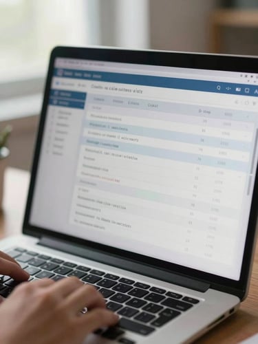 Close-up of a laptop screen showing a claims status dashboard with line items and dates, natural daylight from a window reflecting on the screen, hands on keyboard visible at the bottom edge, clean desk environment