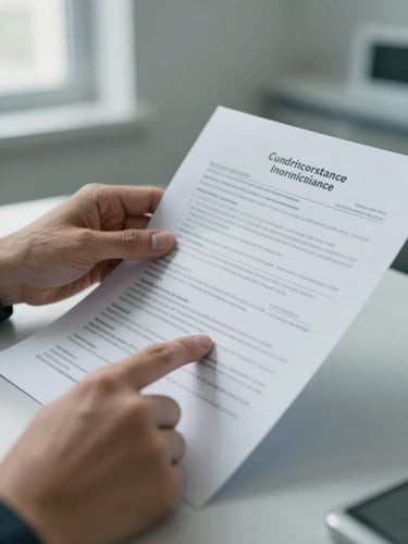 Close-up of a hand holding a printed insurance document on a clinic desk, natural cool window light from the left, fingers pointing to a specific line of text, document details visible but unreadable, neutral clinical background out of focus