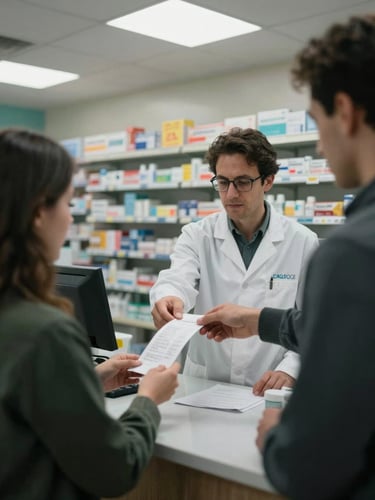 Wide environmental shot inside a pharmacy, a staff member standing behind the counter handing a printed receipt to a customer, fluorescent and natural mixed light, shelves of medicine visible in background, candid moment of a transaction, cool tones, no staging