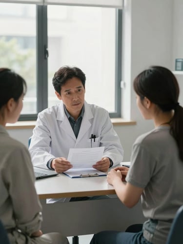 Wide environmental shot of a medical consultation room, a patient sitting across a desk from a doctor reviewing a document together under natural window light, both looking at the paper, calm and focused, no staged smiles