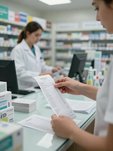 Medium shot of a person at a pharmacy counter reviewing printed receipts and medical prescriptions under cool fluorescent light, papers spread on the counter, pharmacist visible in soft background blur, no posed expressions