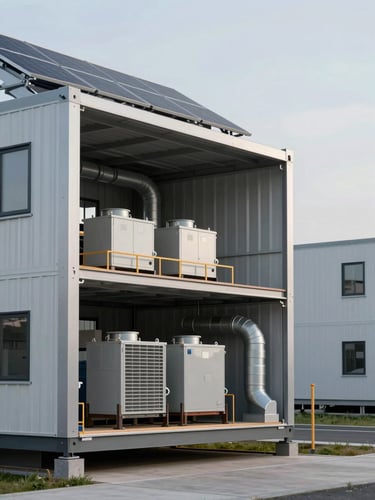 Wide architectural section view of a modular net-zero building, left-framed composition, cutaway showing solar panel array on roof, thermal storage units mid-floor, and ventilation ducts in wall cavities — all visible as a technical diagram under cool diffuse daylight, structural geometry sharp and precise, no people
