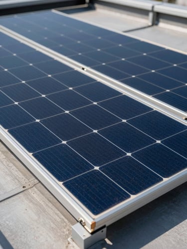Close-up macro of solar thermal panel array mounted on a modular building rooftop, precise geometric grid of glass and aluminium under clear daylight, sharp structural detail, no people