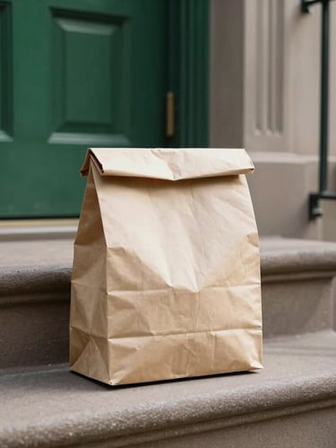 Warm editorial photography of a minimalist, unmarked paper delivery bag resting on a clean Brooklyn brownstone stoop, natural afternoon window light with soft shadows, rich forest green and cream tones, shallow depth of field, 35mm