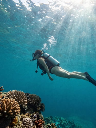 A close-up of a single diver in a moment of calm weightlessness, pristine coral details nearby, natural high-contrast underwater sunlight filtering down, premium feel