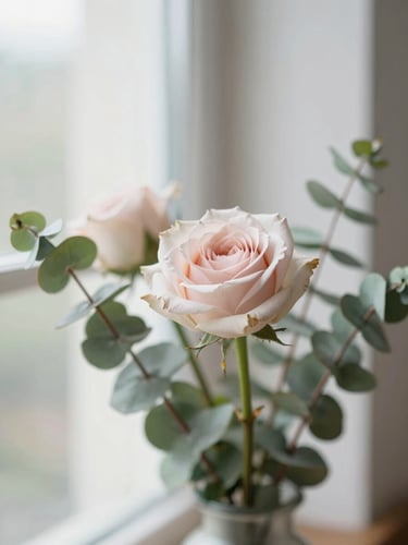 Close-up of delicate old rose and eucalyptus stems arranged in a minimalist vase, soft natural window light, shallow depth of field, 35mm