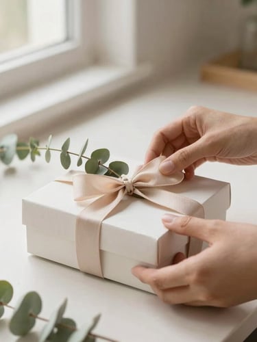 Hands of an artisan arranging a custom gift box with delicate eucalyptus leaves and soft textile ribbons, natural light, warm minimalist workshop background