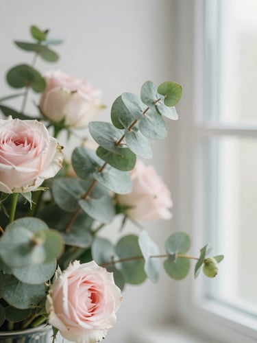 Close-up of delicate eucalyptus leaves and pale pink roses under soft, diffused window light, editorial style, 35mm