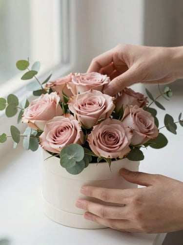 Elegant editorial photography of hands carefully arranging a custom gift box with soft dusty rose roses and fresh eucalyptus leaves, soft natural window light, shallow depth of field, 35mm