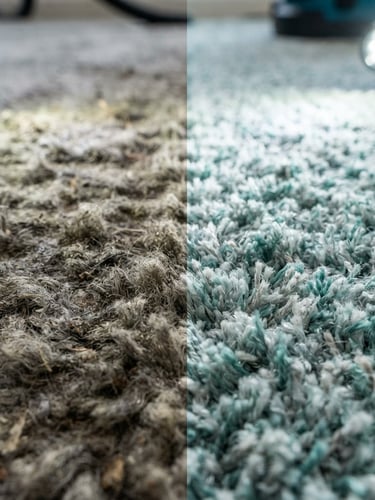 Split-screen image showing one half with heavily soiled, matted carpet fibers and the other half with pristine, freshly steam-extracted carpet fibers, under bright LED detailing lights, high contrast.
