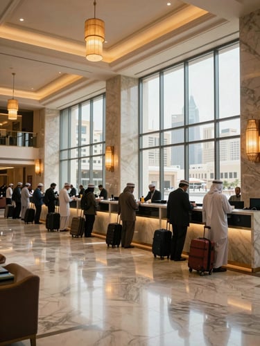 Wide interior shot of a modern hotel lobby in Makkah, pilgrims with luggage checking in at the reception desk, marble floors reflecting warm overhead light, floor-to-ceiling windows showing the city skyline beyond, natural daylight supplemented by warm pendant fixtures, environmental scale shot emphasizing operational capacity