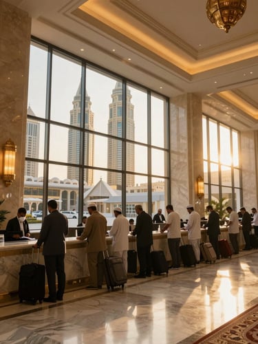 Wide interior shot of a premium hotel lobby in Makkah, pilgrims with luggage checking in at the reception desk, marble floors and warm overhead lighting, the Abraj Al-Bait towers visible through floor-to-ceiling windows in the background, natural golden-hour light filling the right side of the frame