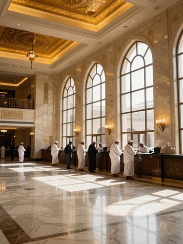 Wide interior of a luxury Makkah hotel lobby at natural daylight, marble floors and tall arched windows to the right third of frame, a small group of pilgrims in ihram checking in at a reception desk, generous empty atrium space in the foreground, warm golden ambient light from above