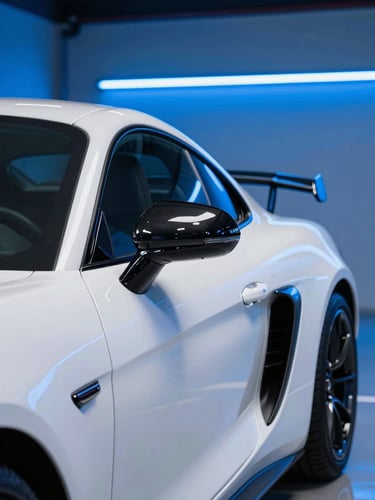 Sleek white sports car in a modern garage, sharp neon blue backlighting, reflections on glossy paint, 50mm lens
