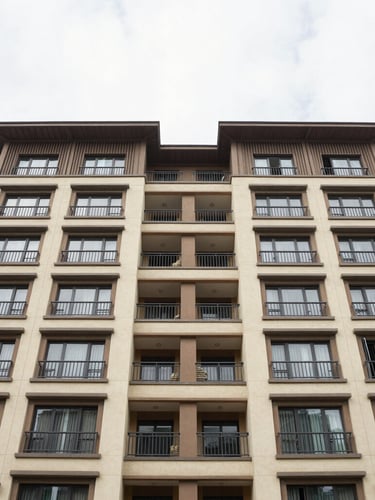 Crisp architectural photography of a modern residential building facade in Shillong, bright overcast daylight, natural earthy tones, wide angle lens.