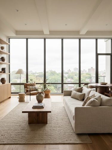 Crisp architectural photography of a modern apartment interior with large windows, bright overcast daylight, natural earthy tones, wide angle lens