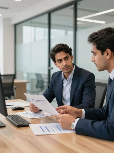 A bright, modern sunlit corporate office in Bengaluru, clean glass partitions, professional advisors discussing financial documents over a wooden table, shallow depth of field.