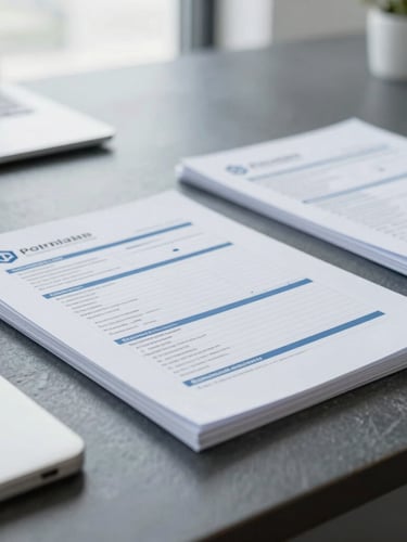 A close-up of neatly organized financial documents and corporate compliance records on a dark slate desk, natural side-lighting, professional corporate photography, shallow depth of field