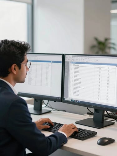 A professional Chartered Accountant reviewing clean financial ledgers on a dual-monitor screen in a modern, sunlit Gurugram office, soft natural lighting.
