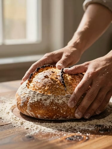 Hands dusted with stone-ground flour shaping a wet sourdough boule on a dark wood table, low-angle morning window light, warm golden tones.