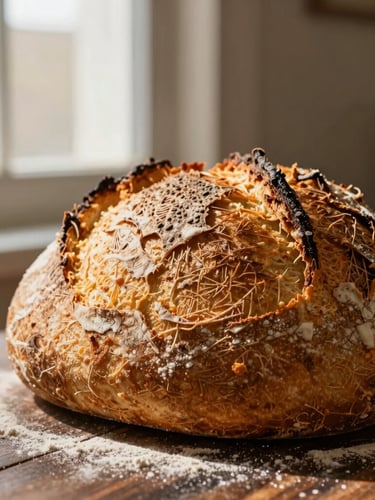 Macro texture of a deeply blistered sourdough crust, low-angle morning window light, rich golden tones, fine flour dusting on dark wood.