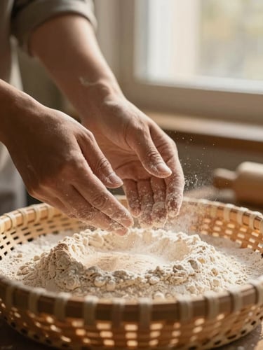 Hands dusting flour over a proofing basket in low-angle morning window light, warm golden tones, macro texture of wood and flour dust, 35mm.
