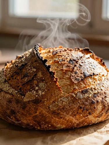 Close-up of a deeply blistered sourdough crust fresh from the oven, steam rising slightly, warm paper background tones, high-contrast morning light.