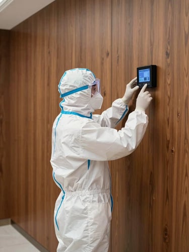 Bright, sterile, high-contrast studio photography of a clinical biosecurity technician in an immaculate white uniform inspecting a clean, premium hardwood wall in a luxury home with a digital sensor.