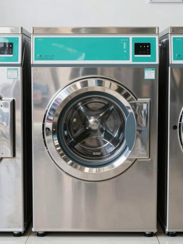 Symmetrical straight-on shot of a row of gleaming stainless steel commercial washing machines, bright daylight, teal accents, sharp reflections.