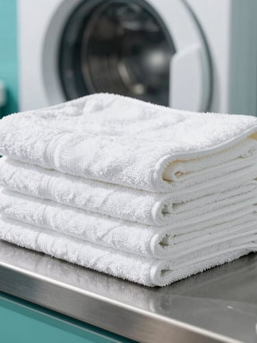 Close-up of a stack of perfectly folded, crisp white towels resting on a stainless steel counter, bright daylight reflecting off a washing machine door in the soft background, teal accents, clean commercial photography