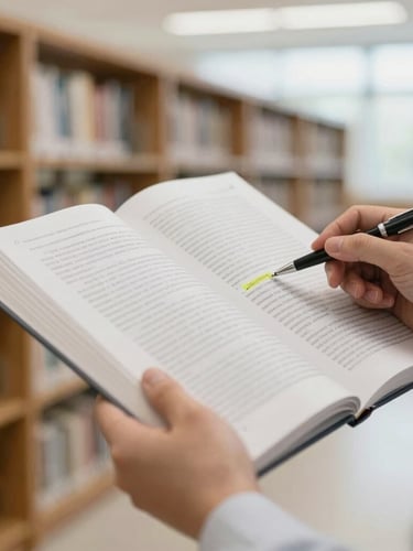 Close-up of a researcher's hands holding an open academic journal, pointing to a highlighted section with a pen, in a well-lit university library, soft natural light, shallow depth of field, 35mm.